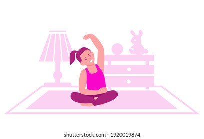 Little girl practices yoga on the background of the interior of the room. The concept of gymnastics, a healthy lifestyle for children. Vector illustrations in flat style.