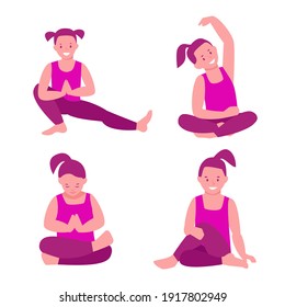 Little girl is practicing yoga. Set of vector illustrations with different yoga poses in flat style. Isolated on a white background.