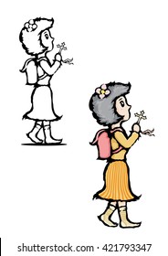 Little girl praying . Cartoon hand drawn illustration.