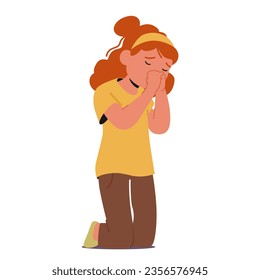 Little Girl Praying Character, Young Child With Closed Eyes, Clasped Hands, And A Serene Expression, Conveying Innocence And Devotion In A Simple Yet Powerful Image. Cartoon People Vector Illustration