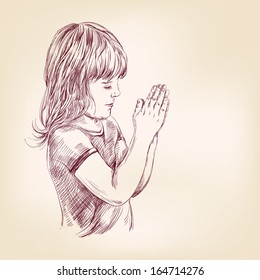 little girl praying hand drawn vector llustration realistic sketch