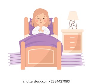 Little Girl Praying in Her Bed Under Blanket Before Night Rest Vector Illustration