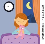 Little girl praying with her teddy bear before bedtime cartoon vector illustration