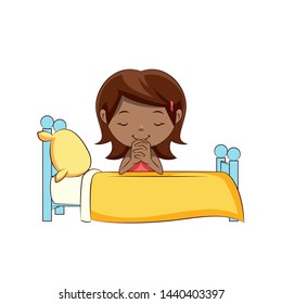 Little Girl Praying On Bed, Cute Child