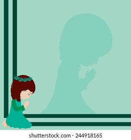 Little girl praying on a green background-Vector illustration 