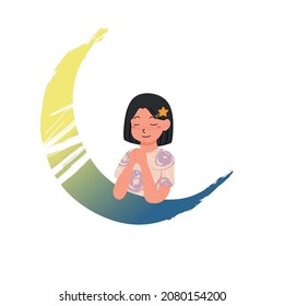 Little girl praying on the moon.  Creative child fantasy concept. Flat vector illustration