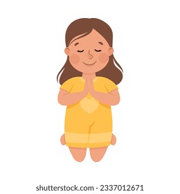 Little Girl Praying Sitting on the Floor with Bended Legs Vector Illustration