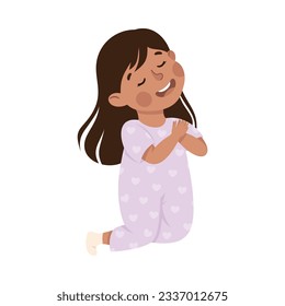 Little Girl Praying Sitting on the Floor with Bended Legs Vector Illustration
