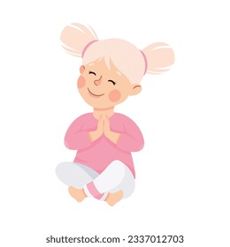 Little Girl Praying Sitting on the Floor with Bended Knees Vector Illustration