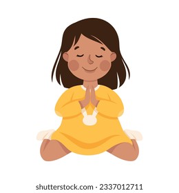 Little Girl Praying Sitting on the Floor with Bended Knees Vector Illustration