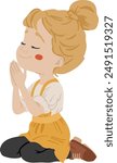 A little girl prays to God, child silhouette, child illustration, Colorful cartoon characters. Funny vector illustration. Isolated on white