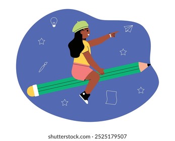 Little girl preparing to go back to school with enthusiasm, vector illustration.