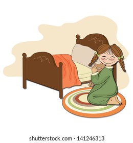 little girl is preparing for sleep, illustration in vector format