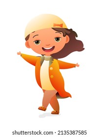 Little girl preschooler. Person in autumn clothes. In an elegant long coat. Cute child.vCheerful funny kid. Baby joy. Cartoon style illustration. Flat design. Isolated on white background. Vector.