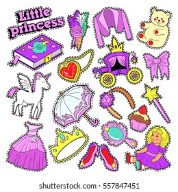 Little Girl Princess Badges, Patches, Stickers with Toys, Unicorn and Clothes. Vector doodle