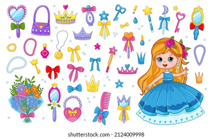 Little girl Princess in a blue puffy dress. Set of accessories, bags, crown, bouquet of flowers, beads, jewelry, perfume, cosmetics, mirror. Vector illustration in cartoon style. Isolated clipart