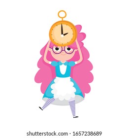 little girl princess with clock in head cartoon character vector illustration