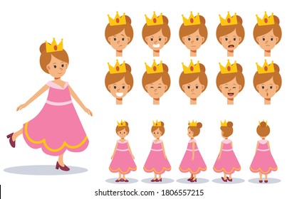 Little Girl in Princess costume for Halloween festival.trick or treat. Front, side, back view animated character.Vector Cartoon style, flat vector illustration.