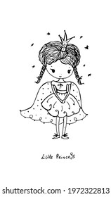 Little girl princess. Cute doodle illustration. Vector.