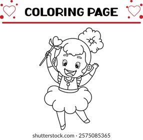 little girl with princess gown is holding magic wand coloring page for kids