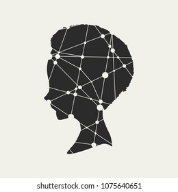 Little Girl Profile Silhouette. Cute adolescent girl portrait. Short hair. Silhouette Textured By Lines And Dots Pattern