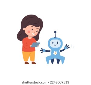 Little girl programming cute robot with tablet, cartoon flat vector illustration isolated on white background. Child making smart robot. Classes of robotics, programming and engineering for kids.