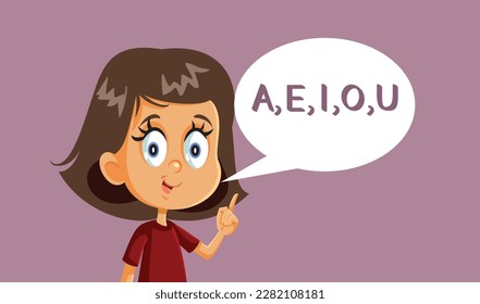 
Little Girl Pronounces the Vowels Vector Cartoon Illustration. Cheerful schoolgirl speaking enumerating sounds 
