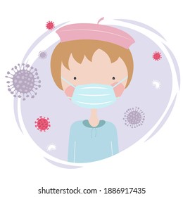 Little girl with protective face mask. Prevention spread coronavirus covid-19. Vector illustration.