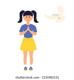 A little girl protests against the war. White dove flies nearby. Pray to Ukraine. International Day of Peace. Vector illustration.