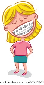 A little girl proudly shows off her braces with a big smile.