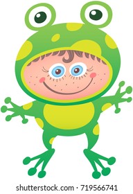 Little girl proudly smiling and posing while wearing a frog costume. The costume has big eyes, yellow spots, long legs and the open mouth leaves space for the girl's face