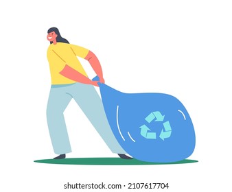 Little Girl Pull Garbage Sack Isolated on White Background. Child Character Clean Park. Trash Cleanup, Ecology Protection, Litter Recycling Concept. Cartoon People Vector Illustration, Clip Art