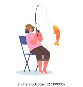 Little Girl Pulling Big Fish Sitting On Chair Isolated On White Background, Child Fisherman Having Fun On Pond Fishing With Rod. Kid Character Summer Vacation Hobby. Cartoon People Vector Illustration