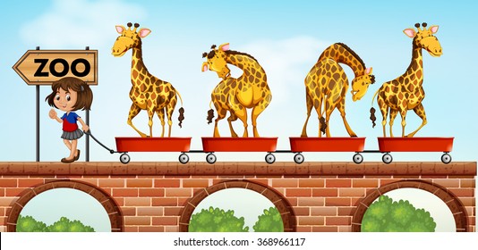 Little girl pulling carts with giraffe to the zoo illustration