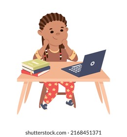 Little Girl Pupil with Bunches Sitting at Table with Book and Laptop Engaged in Elementary Education Vector Illustration