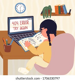 Little girl pupil of elementary school can't doing homework online because of server crash and she reading paper schoolbook. Home learning, online education because of Covid-19 self-isolation concept.