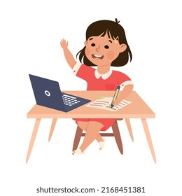 Little Girl Pupil Sitting at Table with Laptop and Raising Hand Engaged in Elementary Education Vector Illustration