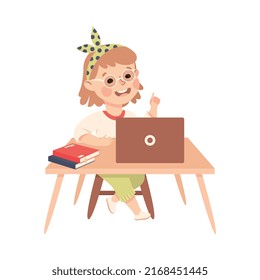 Little Girl Pupil Sitting at Table with Book and Laptop Engaged in Elementary Education Vector Illustration