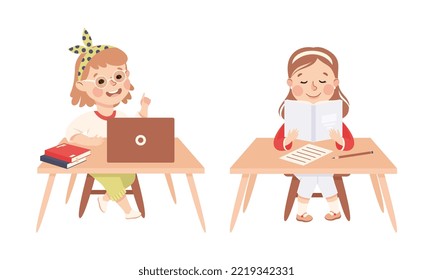Little Girl Pupil Sitting at Table with Copybook and Laptop Engaged in Elementary Education Vector Set