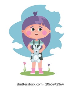 : Little girl with purple hair in a green sundress with a plush bunny. Cheerful little girl in a striped T-shirt. Vector illustration. Childrens flat illustration