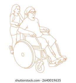 little girl pushing her grandmother's wheelchair at the park