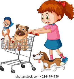 A little girl pushing shopping cart withdogs illustration