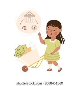 Little Girl Pushing Wheelbarrow with Coin and Banknote Engaged in Economic Education and Financial Literacy Learning Saving and Investing Money Vector Illustration
