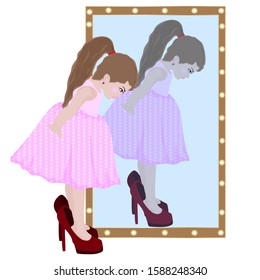 Little girl put on her mother’s red shoes. Vector art