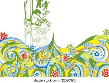 The little girl puts a seed in abstract collage. Vector illustration. Isolated groups and layers. Global colors.