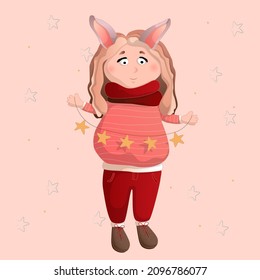 Little girl with rabbit ears holding a garland of stars in her hands.