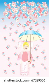 little girl in rabbit pajama with umbrella under the rain from rabbits