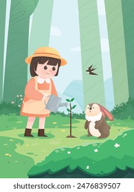 Little girl and rabbit watering plants
