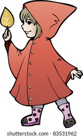 Little girl in rain coat looks at yellow leaf, cartoon style