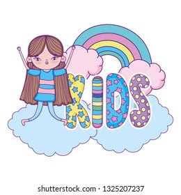 little girl with rainbow in the clouds